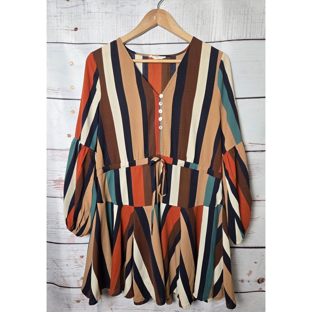 Entro Womens Dress Medium Mulicolor Retro Vertical Stripe Mini Balloon Sleeve
